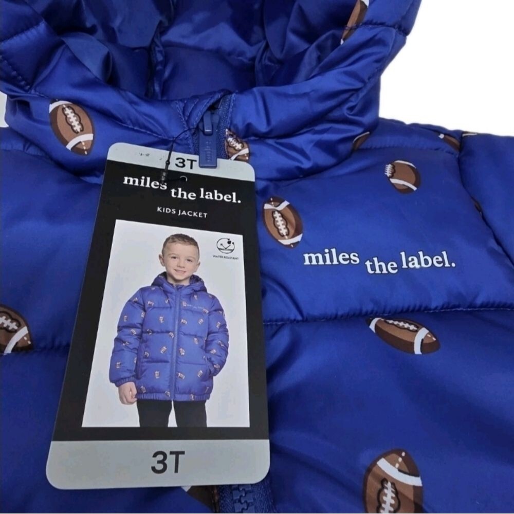 Miles The Label Boys Hooded Puffer Jacket Football Print Blue Size 3T - Picture 13 of 14